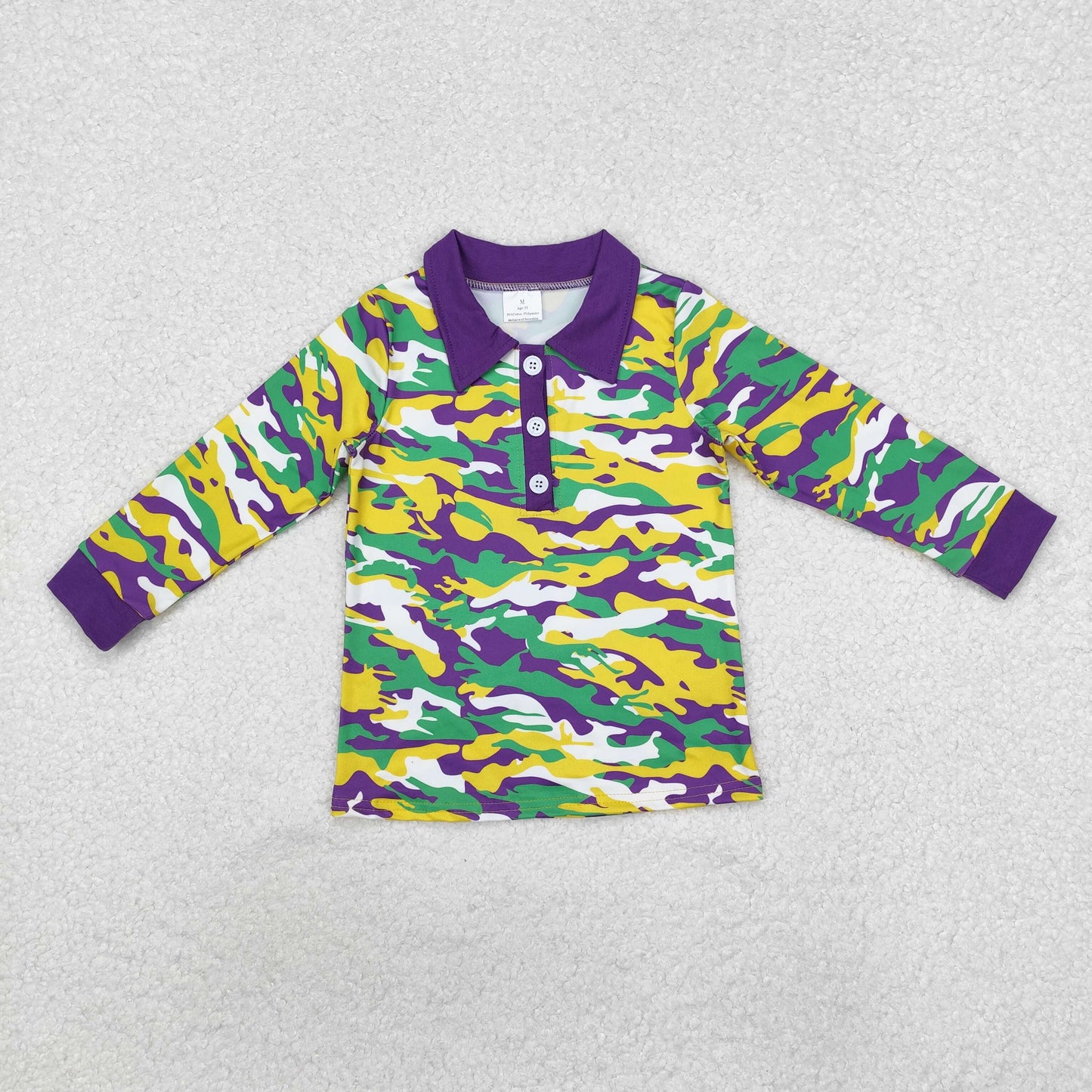 RTS NO MOQ(In Stock) Yellow green and purple camouflage collar button long sleeve top