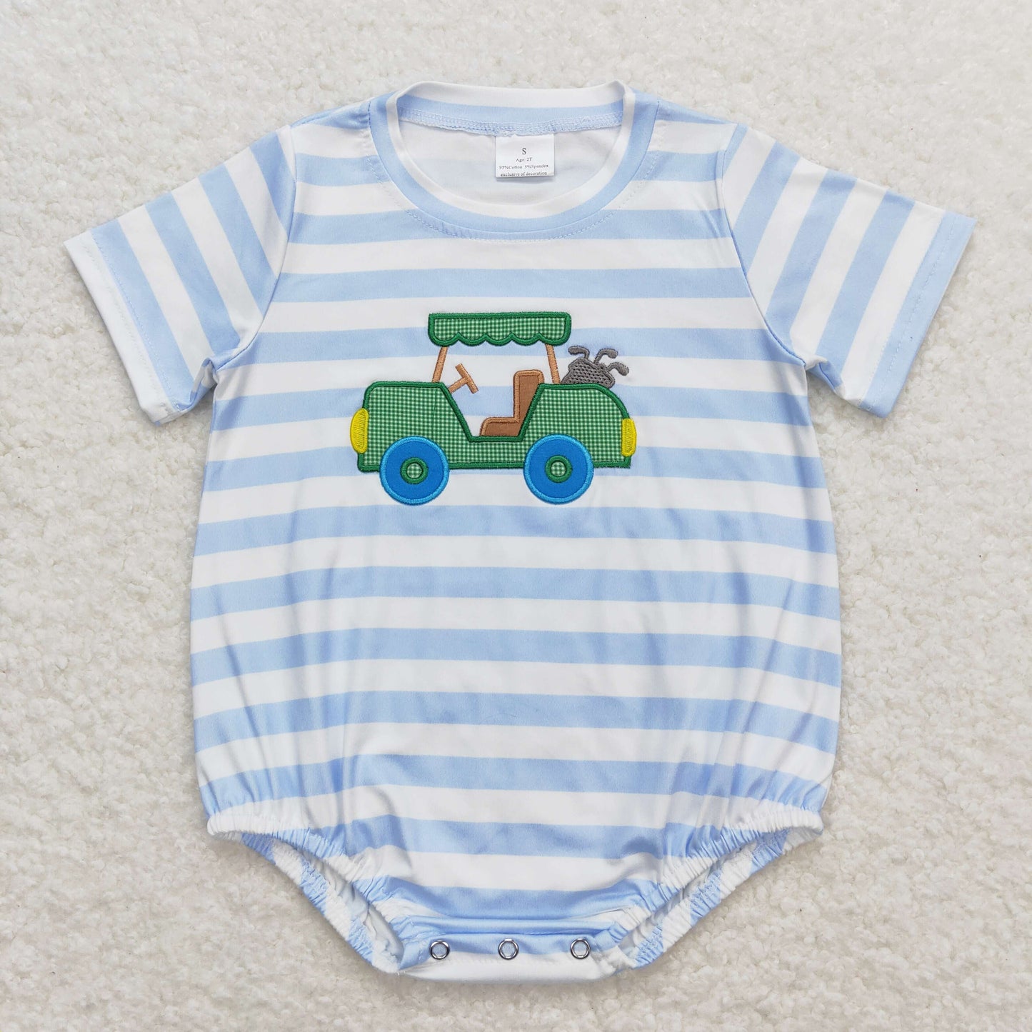 RTS NO MOQ(In Stock) SR0795 Embroidery Golf Sightseeing Car Blue and White Striped Short Sleeve Jumpsuit