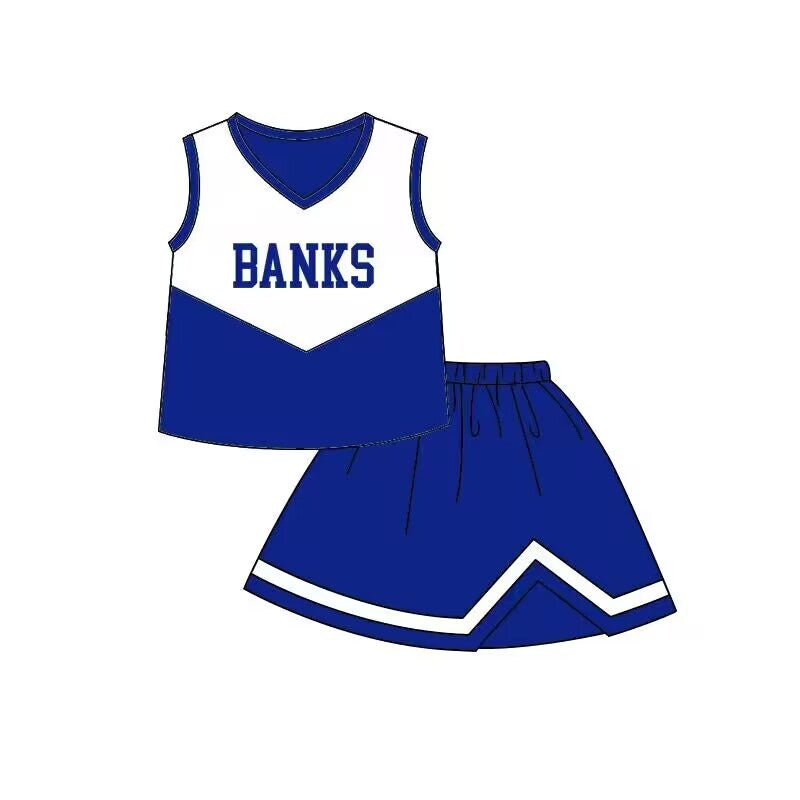 Custom moq 3 eta 6-8weeks Blue and White Letter Pattern V-Neck Sleeveless Top-A-Line Skirt Cheerleading Set