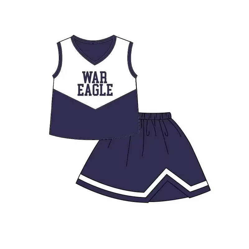 Custom moq 3 eta 6-8weeks Navy Blue Letter Pattern V-Neck Sleeveless Top-Cheerleading A-Line Skirt Set