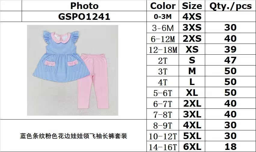 RTS NO MOQ GSPO1241 Blue striped pink lace baby collar flying sleeves trousers suit
