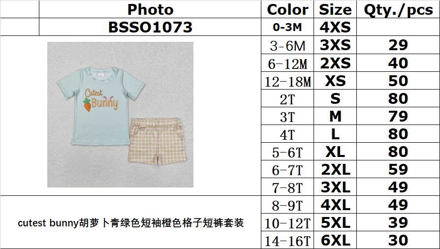 RTS NO MOQ ETA 5/7days Arrived BSSO1073 cutest bunny carrot green short-sleeved orange plaid shorts set