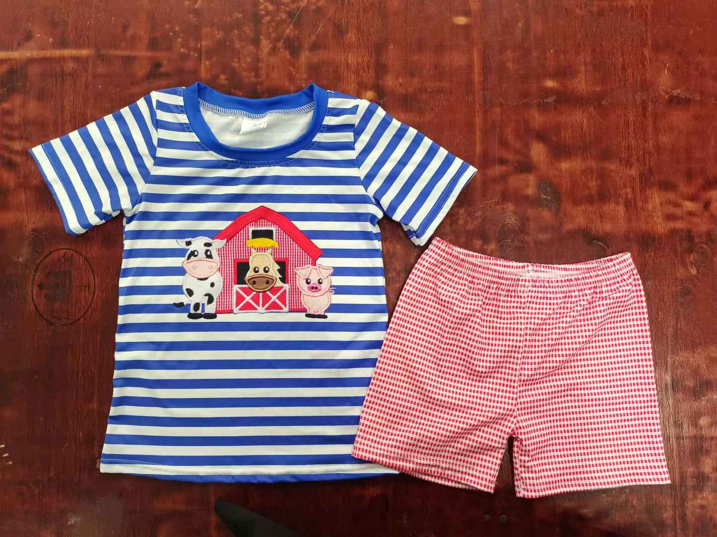 custom moq 5 eta 4-6weeks summer baby boys clothes farm blue striped short sleeve shorts set