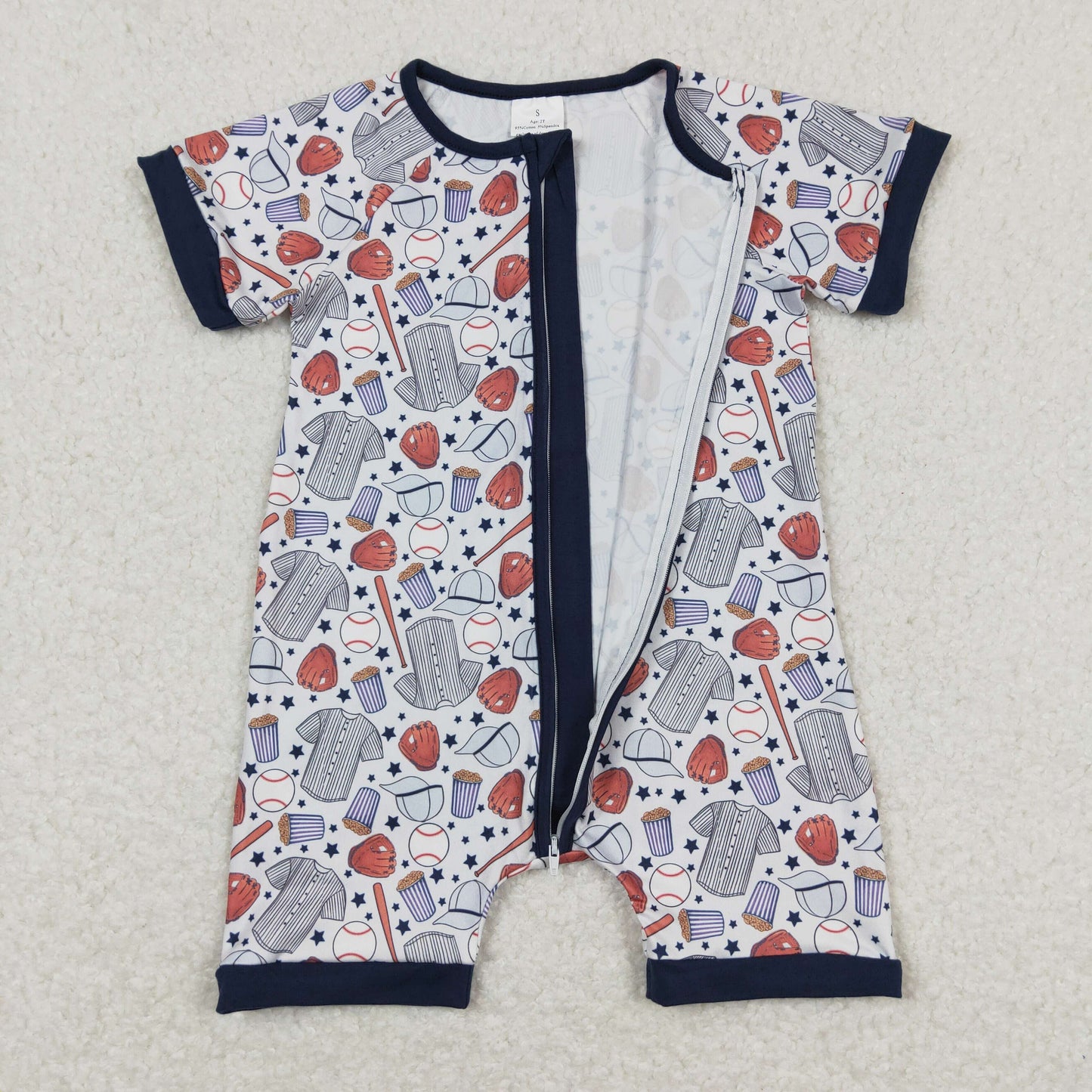 RTS NO MOQ(In Stock) Baseball star gloves blue trim short sleeve zipper jumpsuit