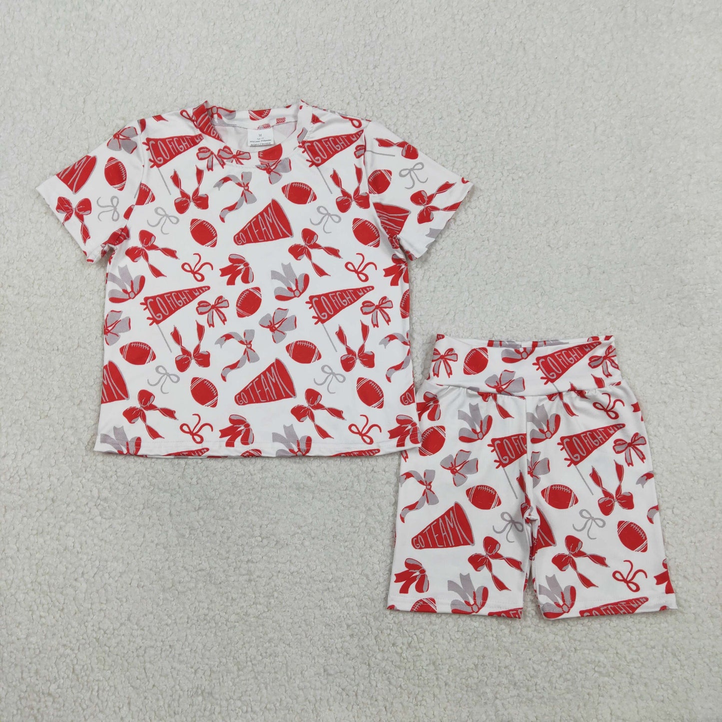 RTS NO MOQ(In Stock) GSSO2727 Football-themed Grey and Red Bow Pattern Flared Short-Sleeve and Shorts Set