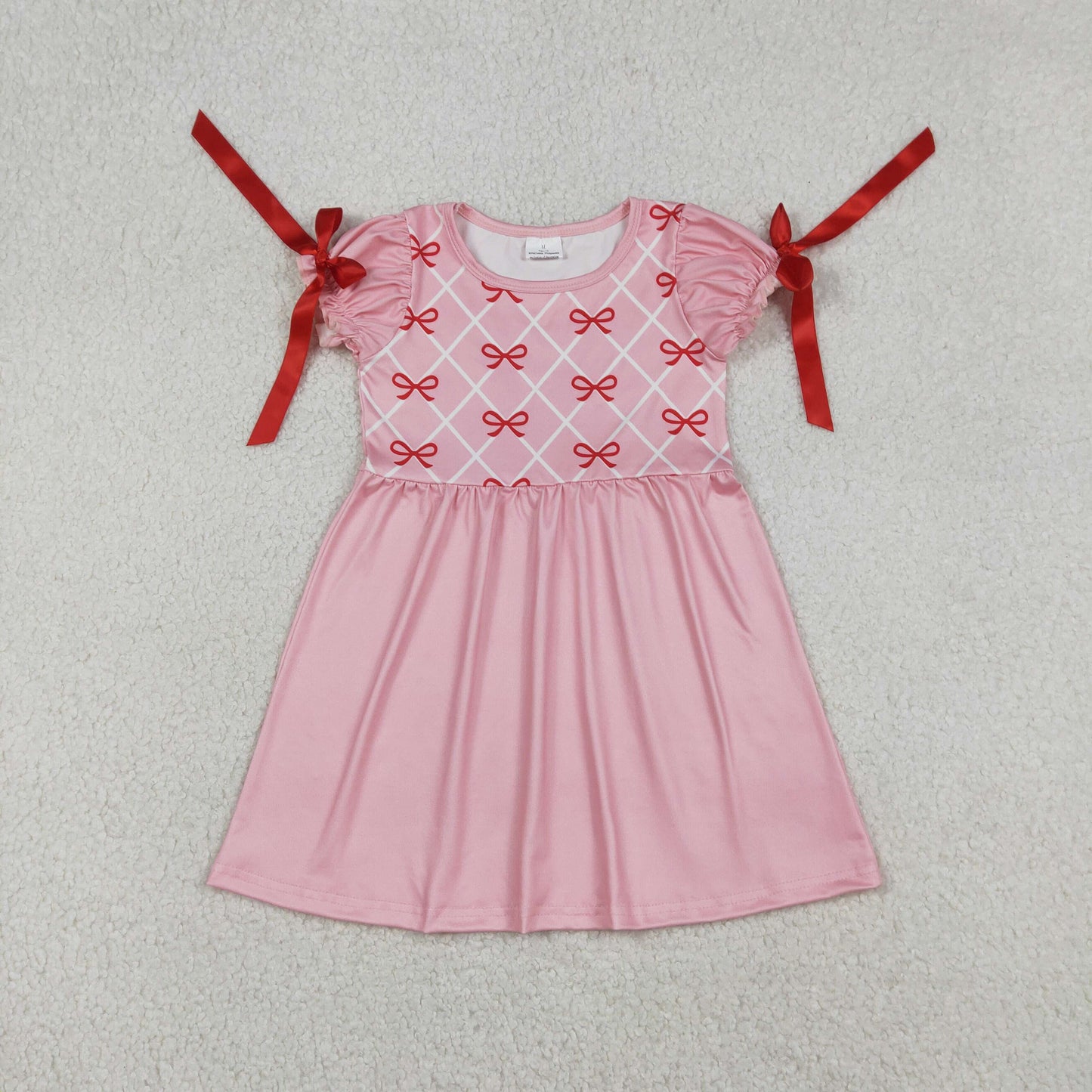 RTS NO MOQ(In Stock ) Bow Pattern Checkered Pink Lace Short-Sleeved Dress