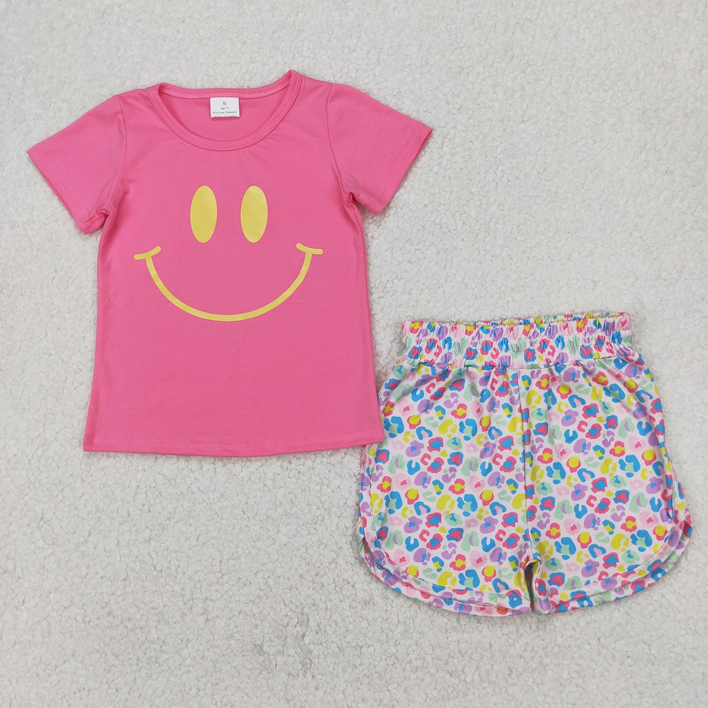 RTS NO MOQ ETA 5/7days Arrived GT0959+SS0475 Offset printing Smiley face rose red short-sleeved top Colorful leopard print shorts sets