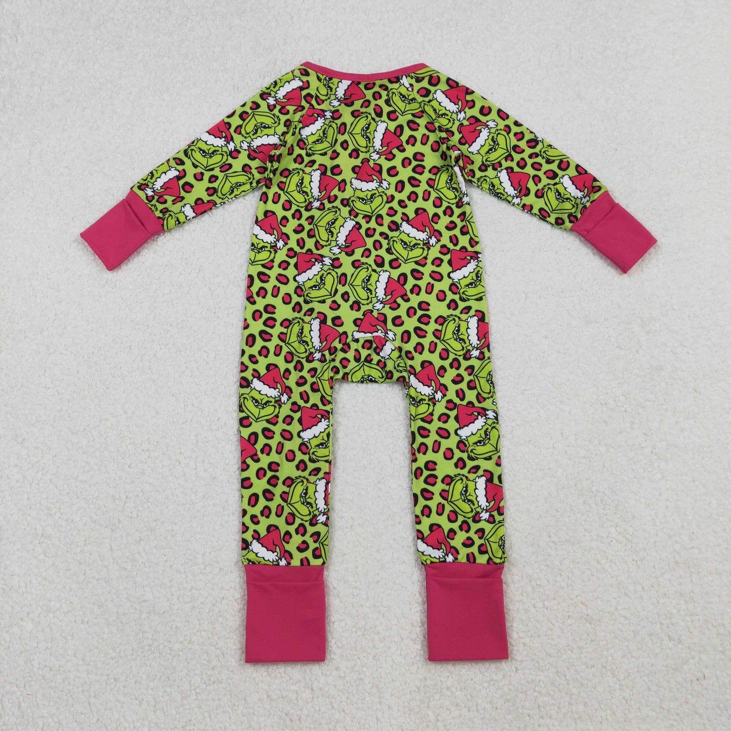 RTS NO MOQ(In Stock) LR2520 Cartoon Leopard Print Rose and Red Lace Green Zippered Long-Sleeved Bodysuit