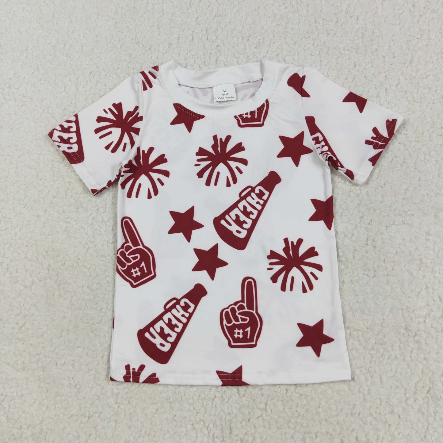 RTS NO MOQ(In Stock) GT1093 Cheer dark red fireworks star white short-sleeved top