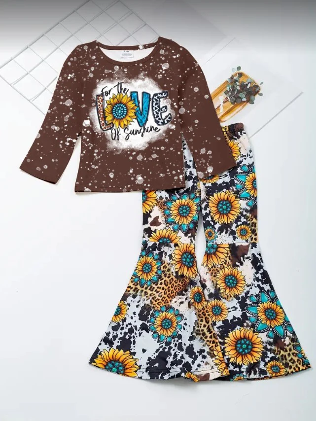 Deadline October 2 custom no moq eta 6-8weeks Dark brown long-sleeved flared pants suit with LOVE letter sunflower pattern