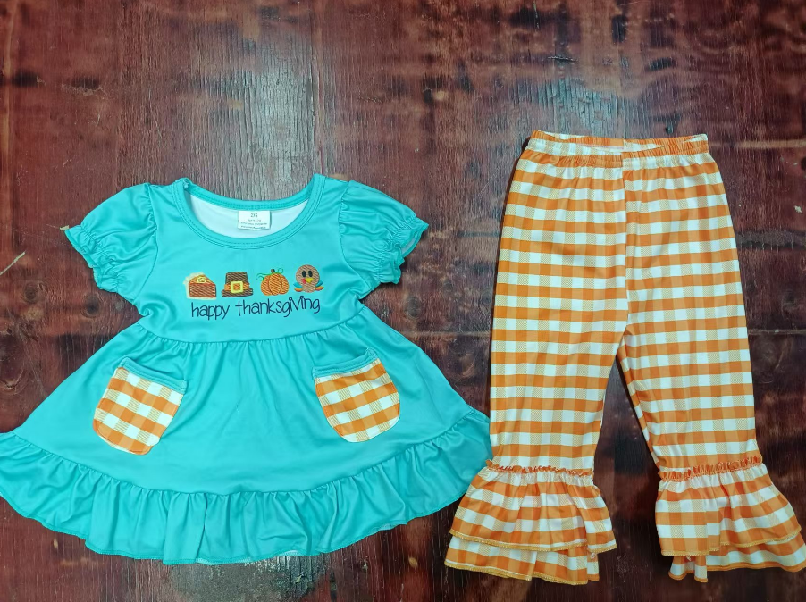Custom moq 3 eta 6-7weeks Lake Blue Embroidered Pattern Bubble Short Sleeve Top-Orange Plaid Trousers Set