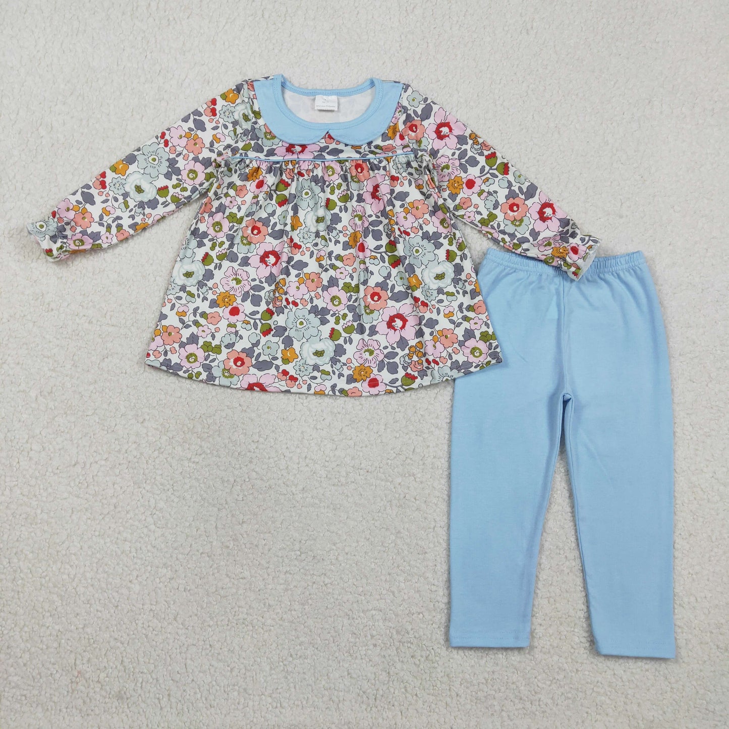 RTS NO MOQ(In Stock) GLP3168 Blue Floral Print Long-Sleeved Pants Set with Peter Pan Collar
