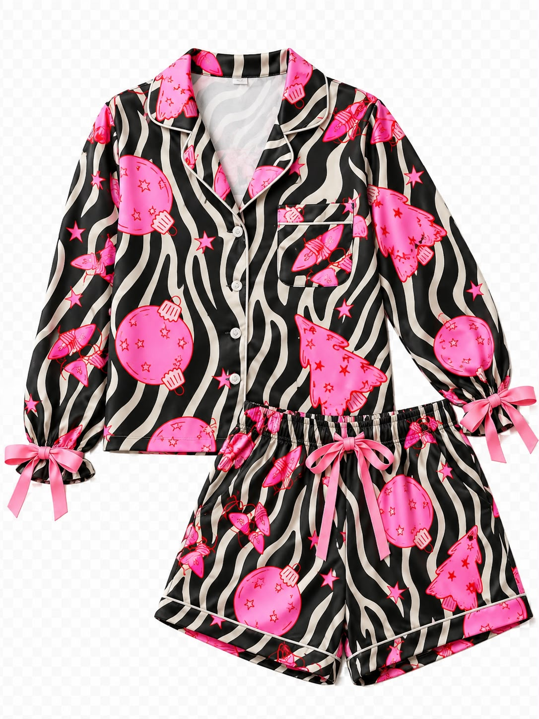 custom moq 5 mix size KHRN0102 Adult To Match Kids Pink Christmas Tree Ornament Zebra Stripe Print Button Down Long Sleeve Bow Cuff Top And Shorts Pajama Set