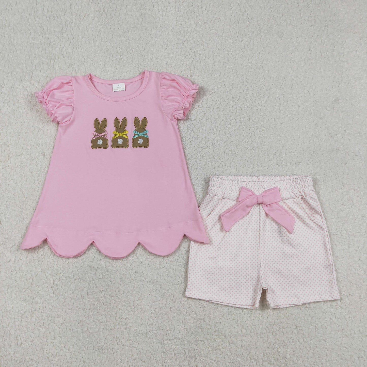 RTS NO MOQ(In Stock) GSSO2829 Embroidered Easter Bunny Pink Short-Sleeved Shorts Set