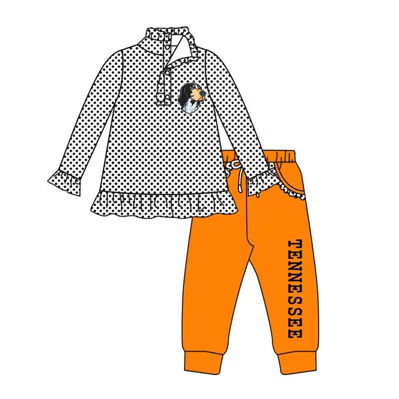 Custom moq 3 eat about 6-8 weeks Black and white polka dot lace button pullover top orange trousers girls sports suit