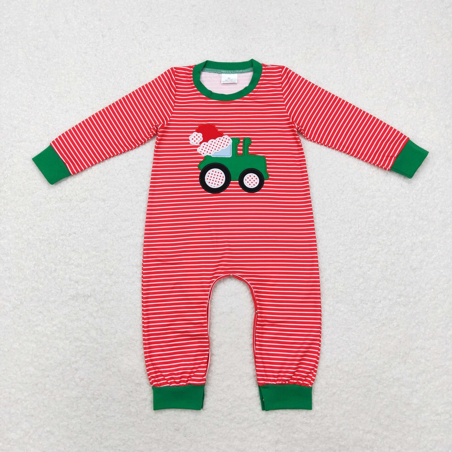 RTS NO MOQ(In Stock ) LR1401 Embroidered Santa hat tractor striped red long-sleeved jumpsuit