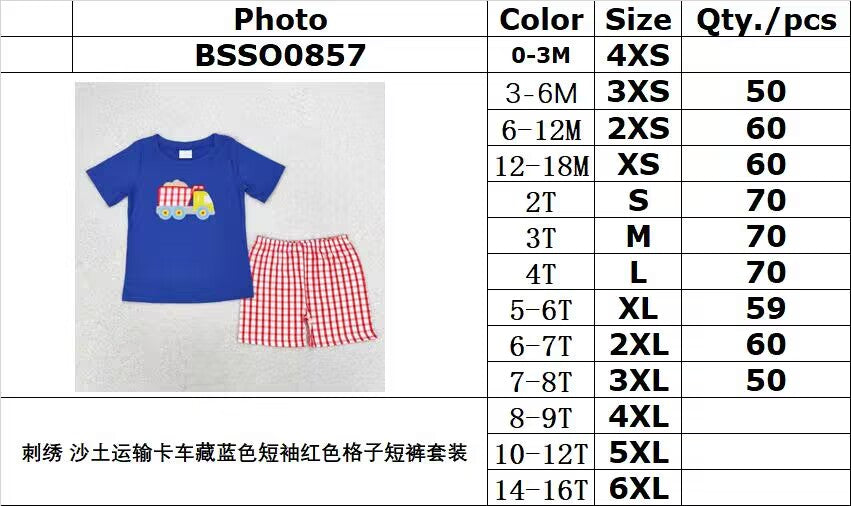 rts no moq BSSO0857 Embroidered sand truck navy blue short-sleeved red plaid shorts set