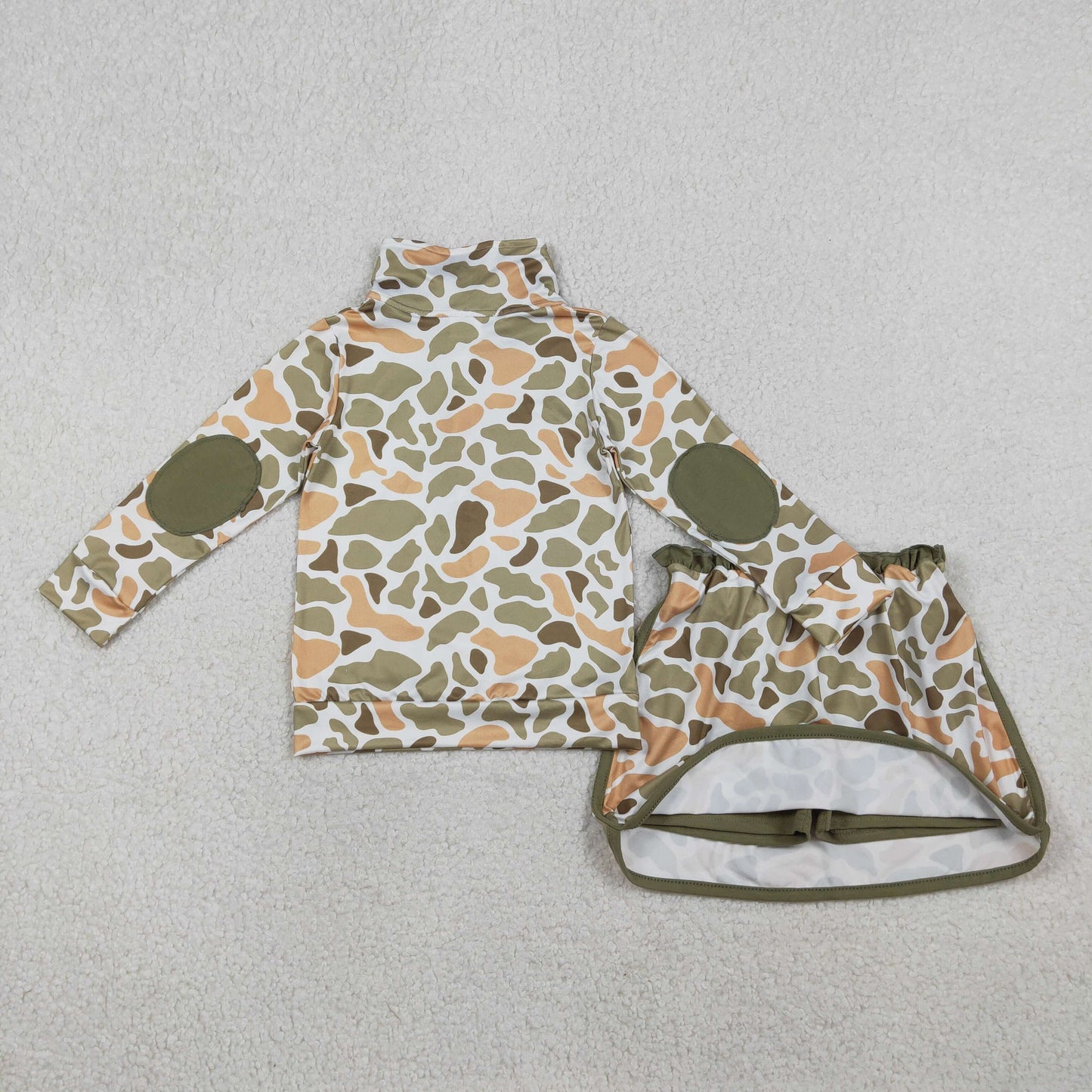 RTS NO MOQ(In Stock) GLD1545 Orange-green camouflage zip-up long-sleeved skirt set