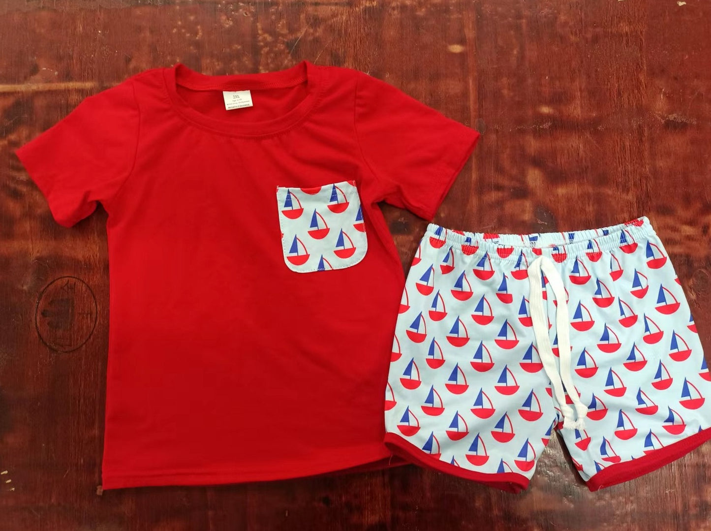 custom moq 5 eta 4-6weeks summer baby boys clothes boat red short sleeve shorts set