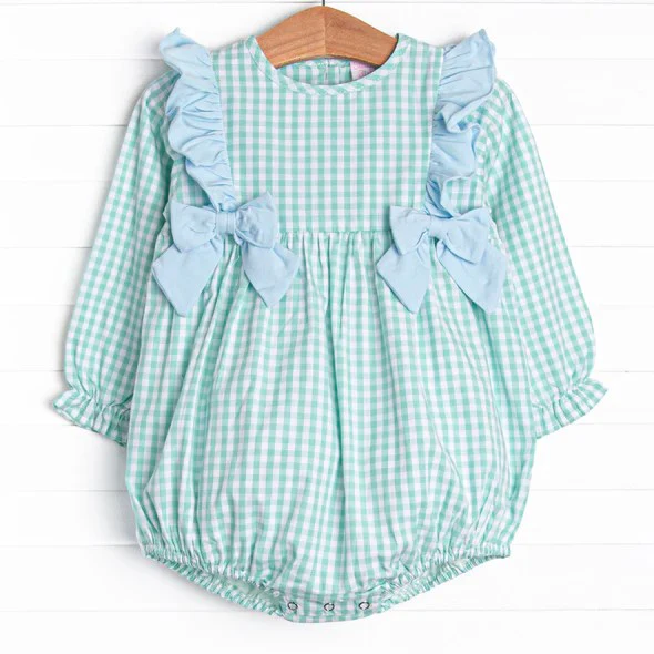 Deadline October 2 custom no moq eta 6-8weeks Sky blue bow decorated lake green long-sleeved romper