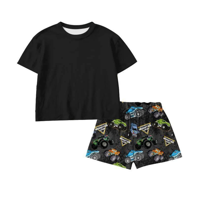 Custom moq 5 mix size milk silk baby boys clothes Black short-sleeved shirt and shorts set