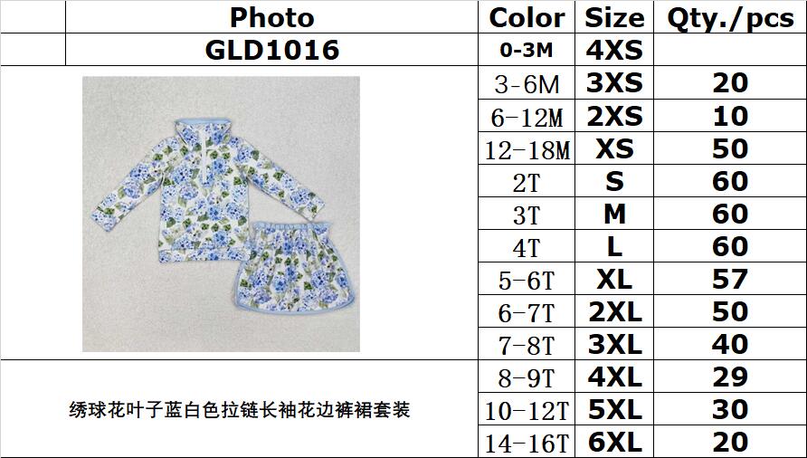 RTS NO MOQ ETA 5/7days Arrived GLD1016 Hydrangea leaf blue and white zipper long sleeve lace pants skirt suit