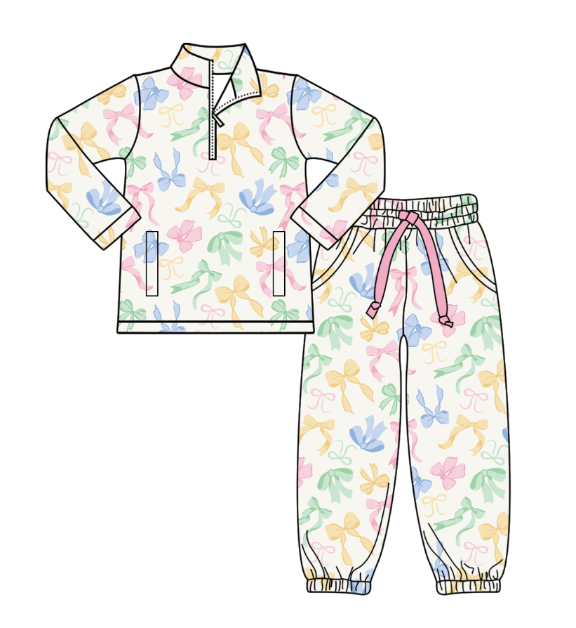 Custom moq 5 mix size milk silk summer baby girl clothes bow long sleeve pants sets-25.8.7