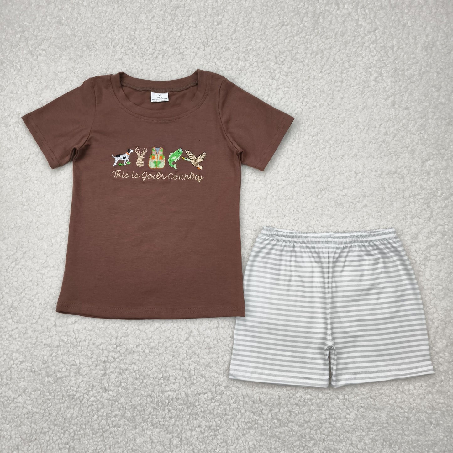 RTS NO MOQ(In Stock) This is God's Country Embroidery Dog Deer Vest Fish Duck Brown Short Sleeve Striped Shorts Set