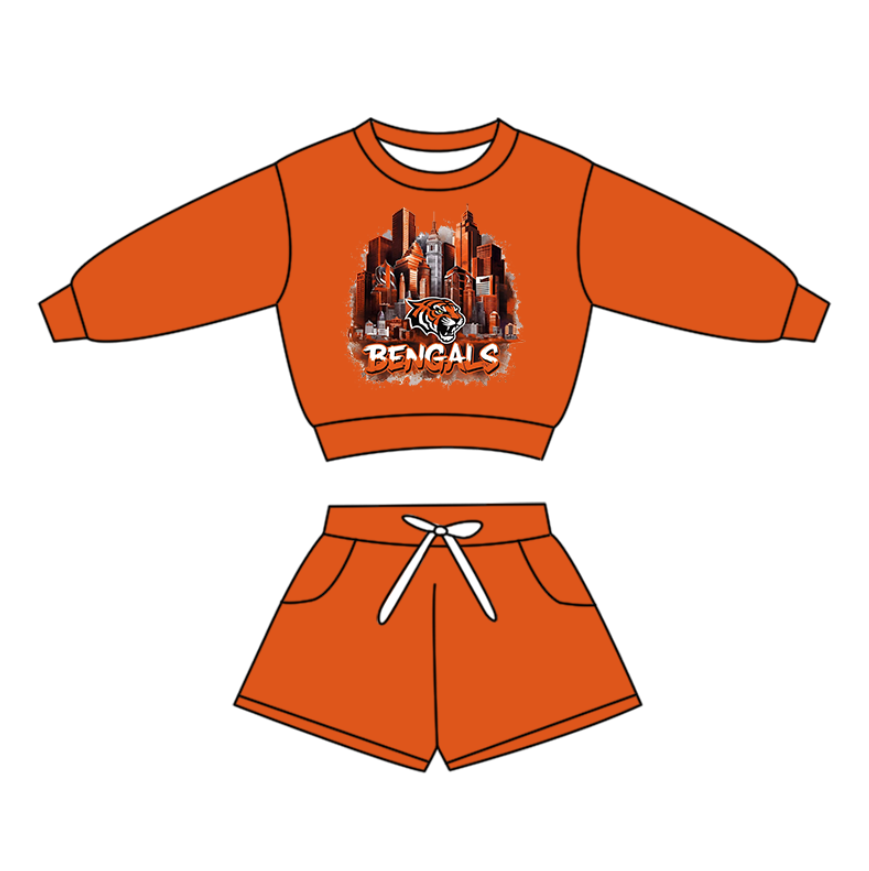 Custom moq 5 mix size milk silk baby boy clothes summer team orange long sleeve shorts sets
