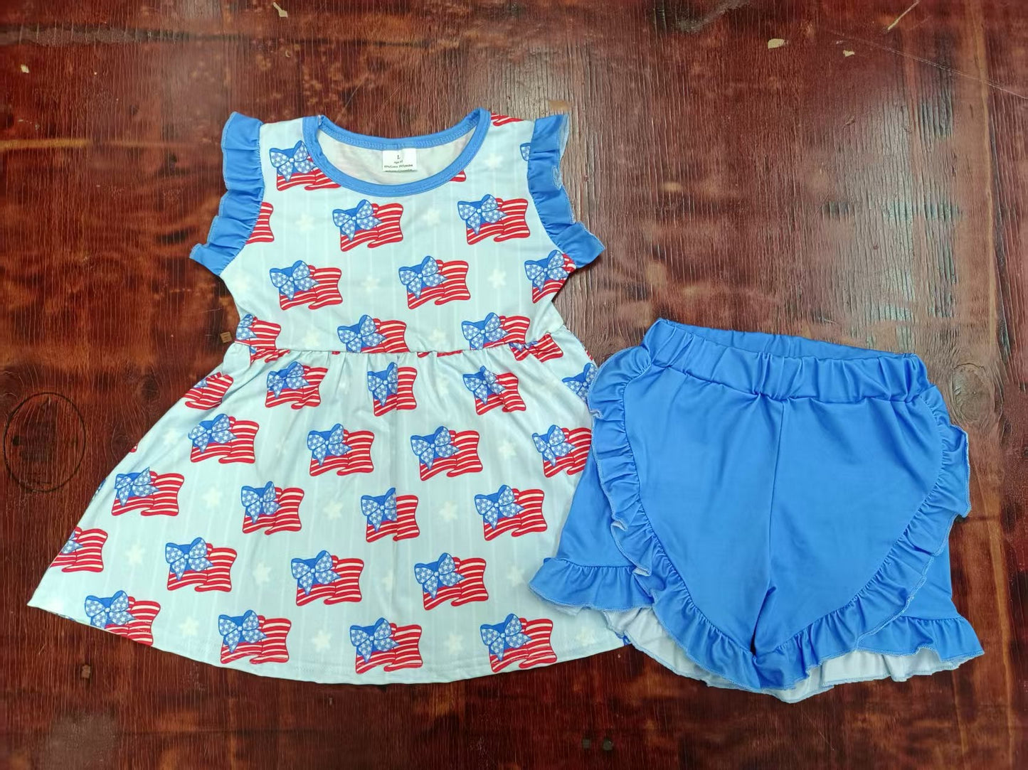 Custom moq 3 eta 6-7weeks baby girl clothes flag bow blue sleeveless shorts sets