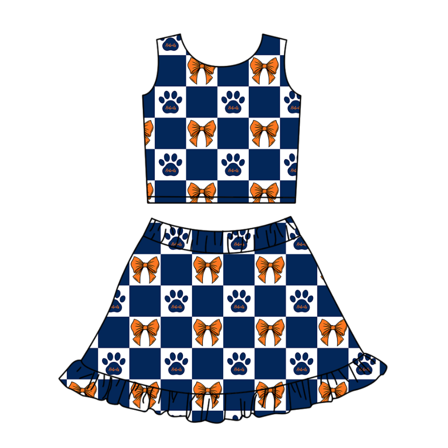 Custom moq 3 or 5 mix size milk silk summer teams baby girl clothes bow blue sleeveless skirts sets