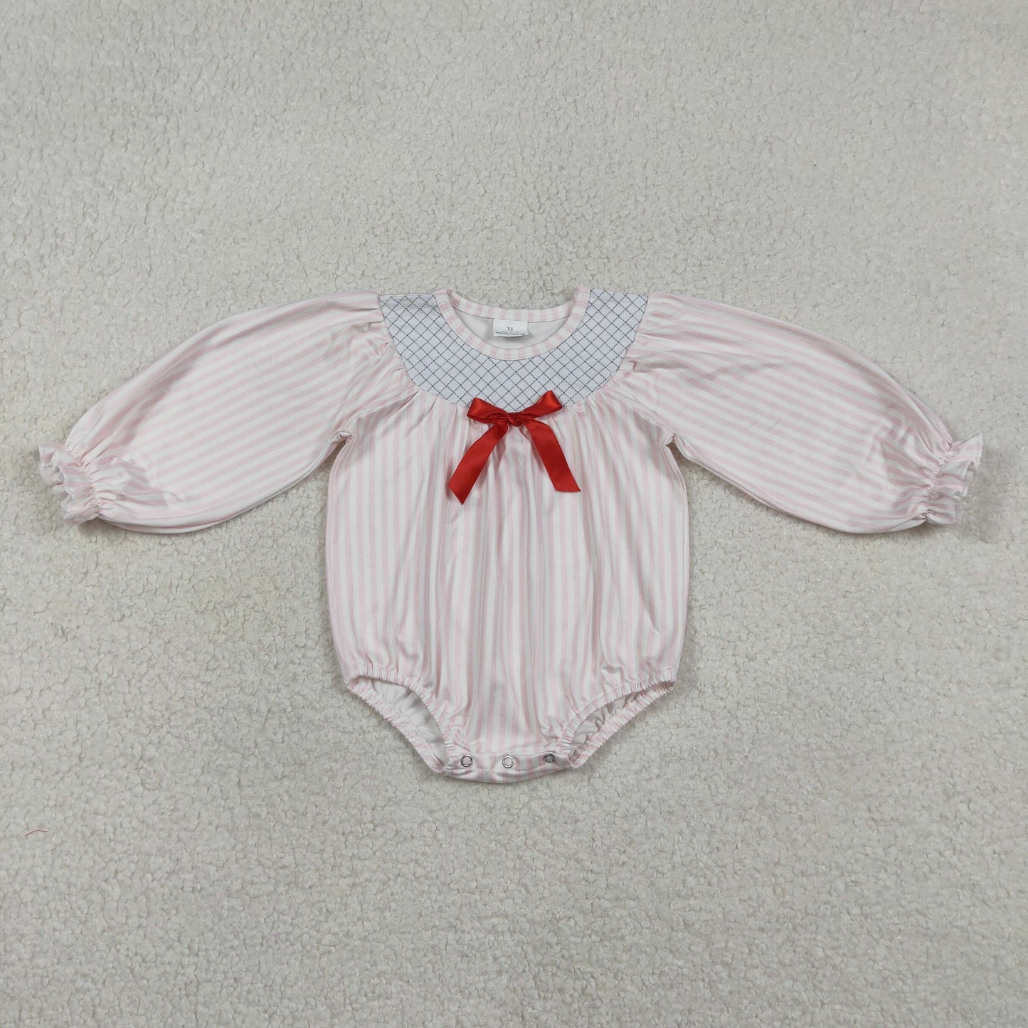 RTS NO MOQ(In Stock) Embroidered Red Bow Pink Striped Long-Sleeve Jumpsuit