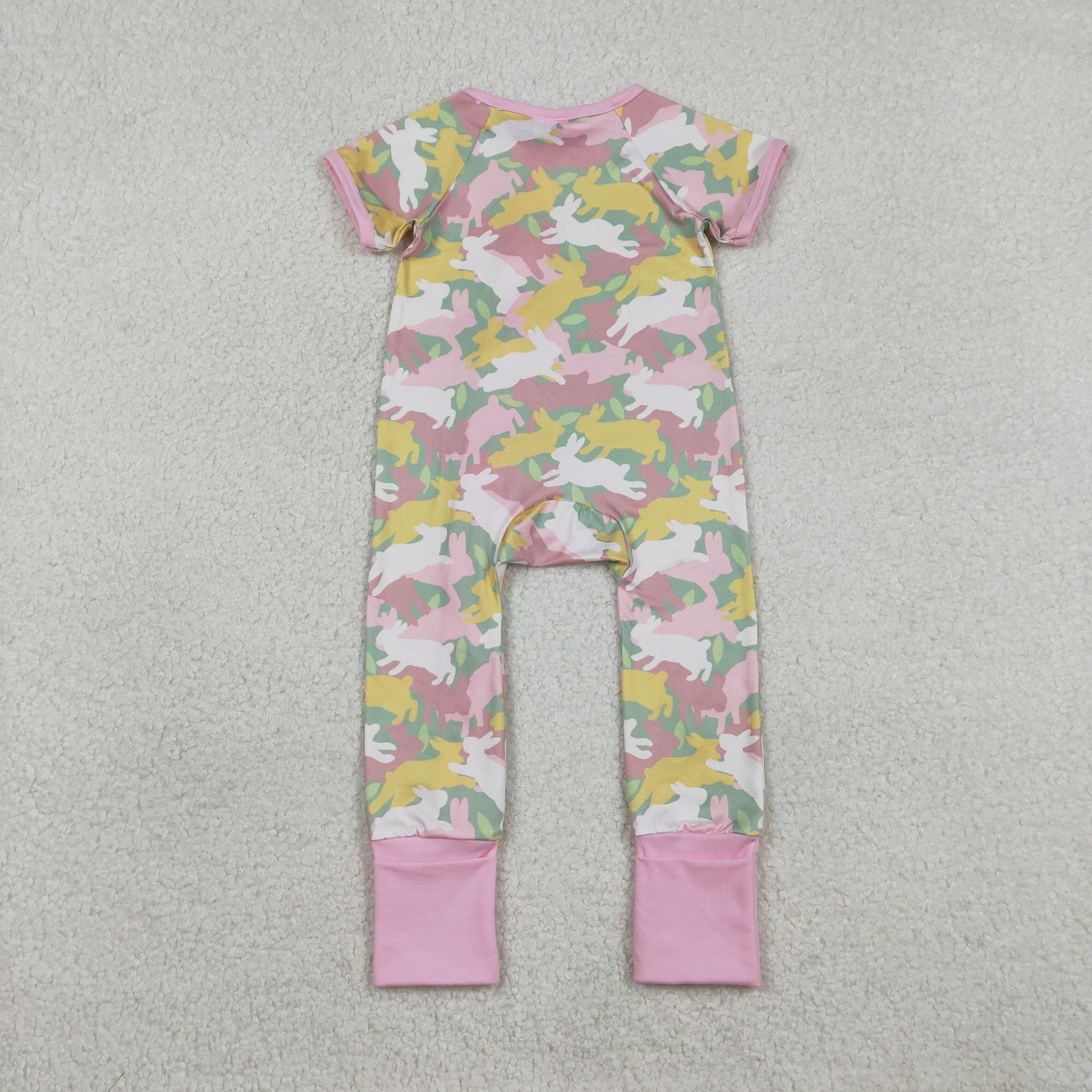 RTS NO MOQ(In Stock ) SR3715 Rabbit Camouflage Pink Zipper Short-Sleeve Jumpsuit