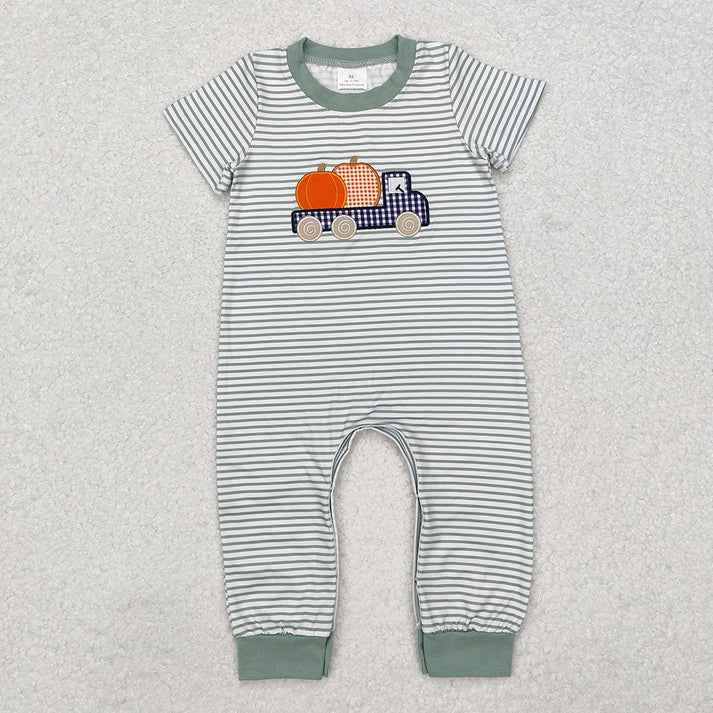 RTS NO MOQ Sibling Baby boys clothes embroidery pumpkin short-sleeved trousers suit & romper