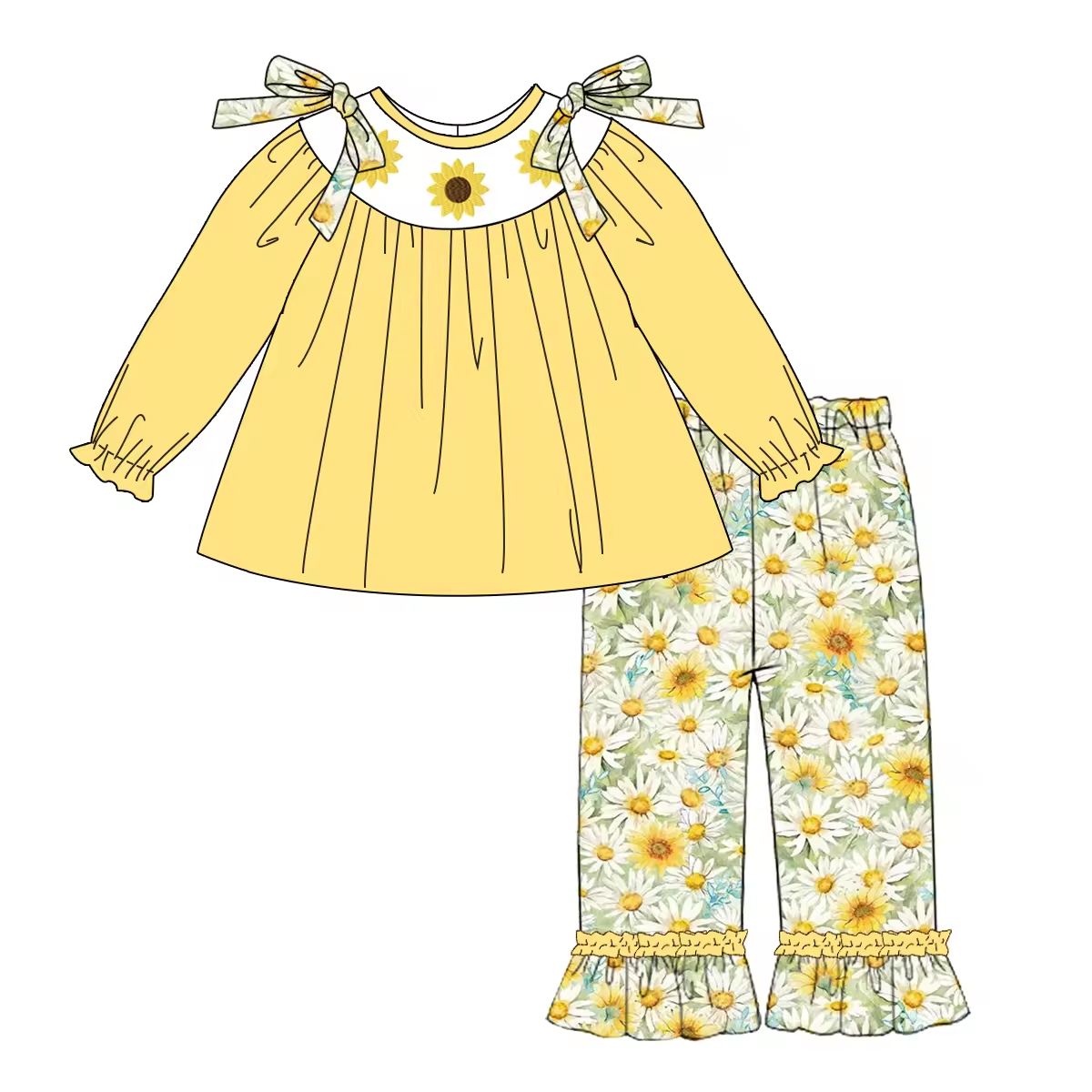 Custom moq 3 eta 6-8weeks Long Sleeve Daisy Butterfly Shoulder Yellow Suit