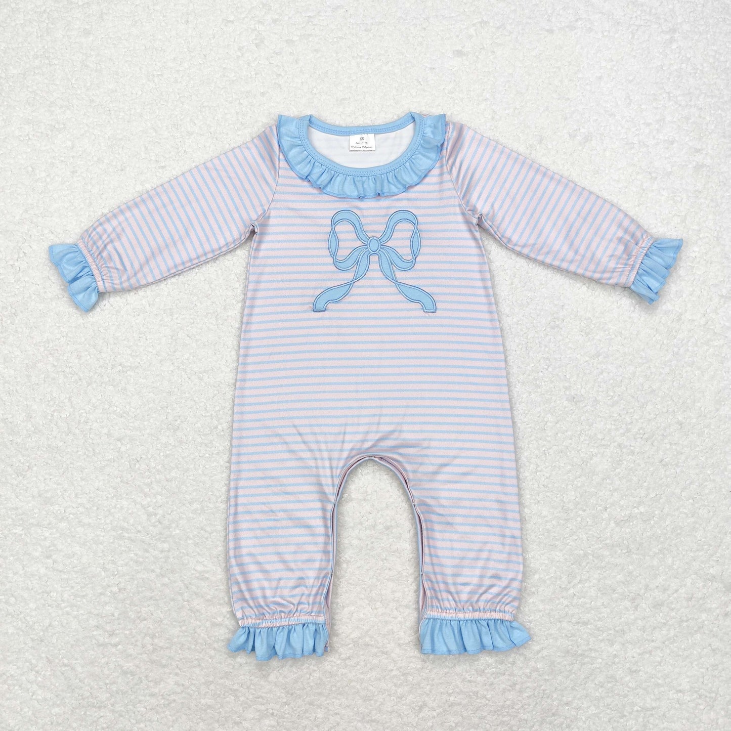 RTS NO MOQ Baby Girls Embroidery Bow Blue Long Sleeve Dress & Romper