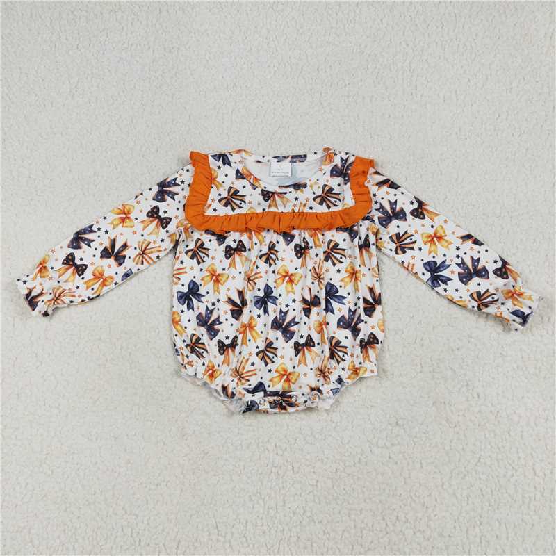 Baby Girls Bows Print Collection - Orange Navy Ruffle Flare Pant Set & Romper