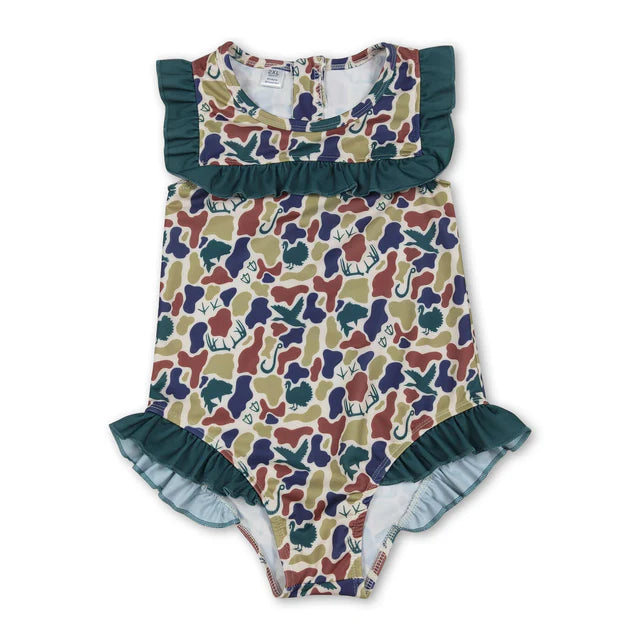 RTS NO MOQ Sibling Baby Girls Southern Hunting Camo Ruffle Swimming Swimsuits