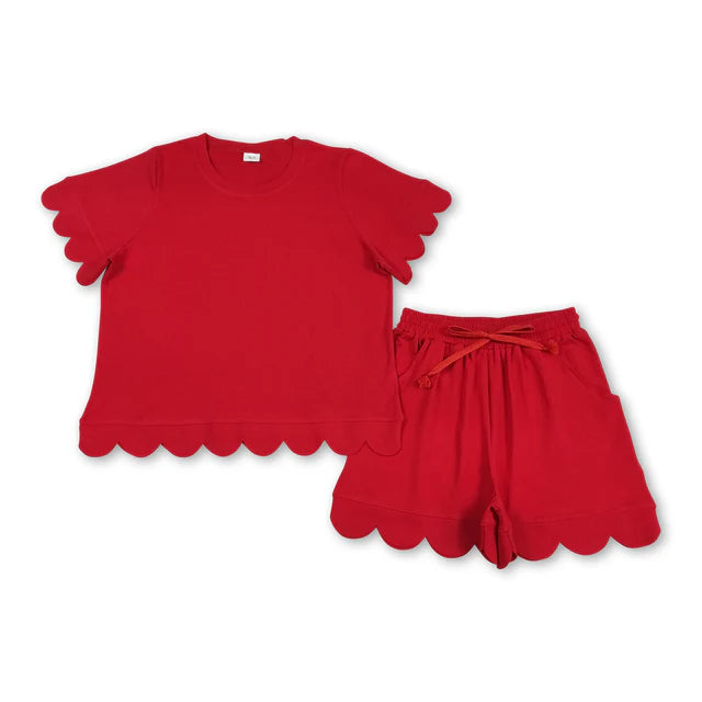 RTS NO MOQ Sibling Adult Women Shorts Sleeve Shirts Top Scallop Short Clothes Sets