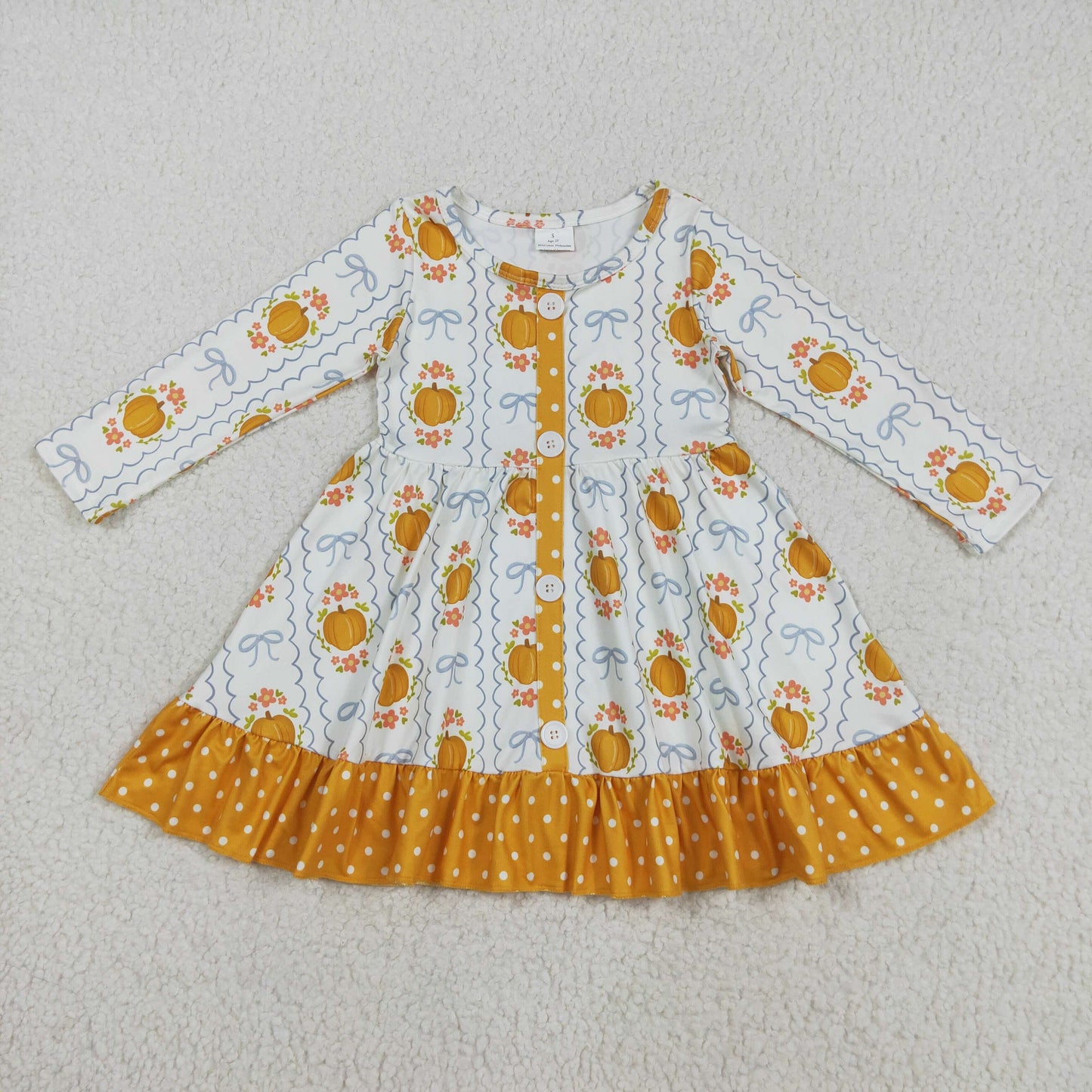 RTS NO MOQ(In Stock) GLD1111 Long-sleeved dress with floral, pumpkin, and bow patterns, wavy lines, polka dots, and orange lace trim and buttons