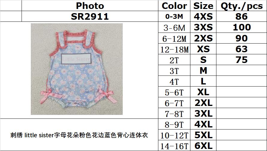 RTS NO MOQ SR2911 little sister letter flower pink lace blue vest jumpsuit