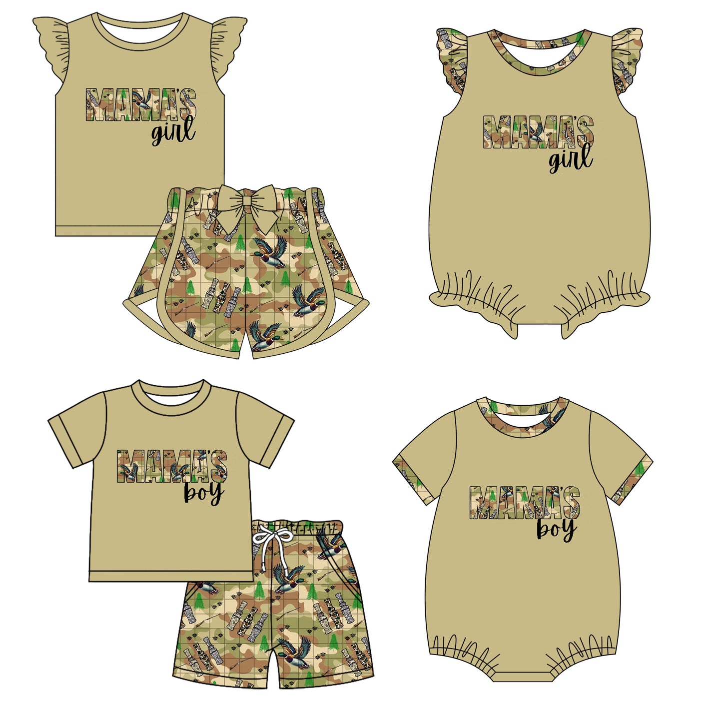 12.4 custom each style moq 5eta 4-6week Sibling Sister MAMA GIRL duck camouflage baby girl short sleeve shorts sets and sets 2 and girls romper and boy romper match design