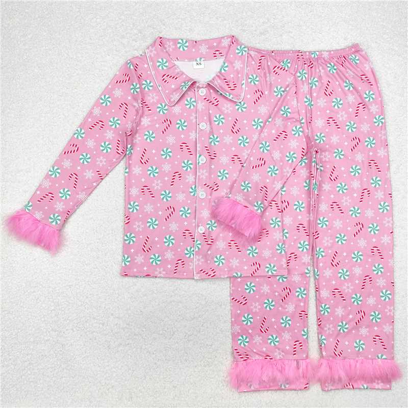 Mama and Me Pink Christmas Pajama Set - Candy Cane Cardigan with Fur Trim