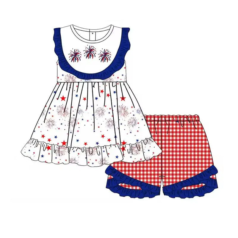 5.17custom each style moq 5eta 4-5week Sibling Sister fireworks print blue girls and boys outfits and baby romper match family design