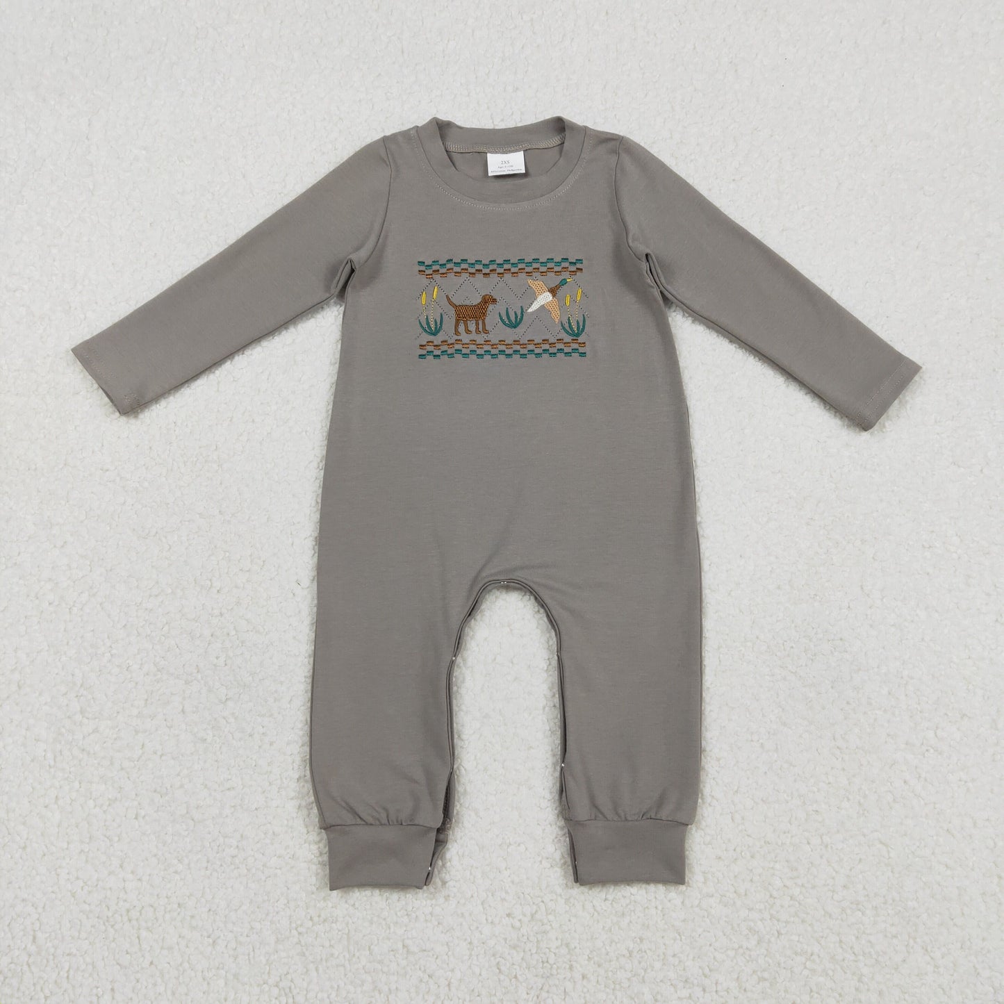RTS NO MOQ(In Stock ) LR2909 Embroidered puppy and duck grey-green long-sleeved jumpsuit