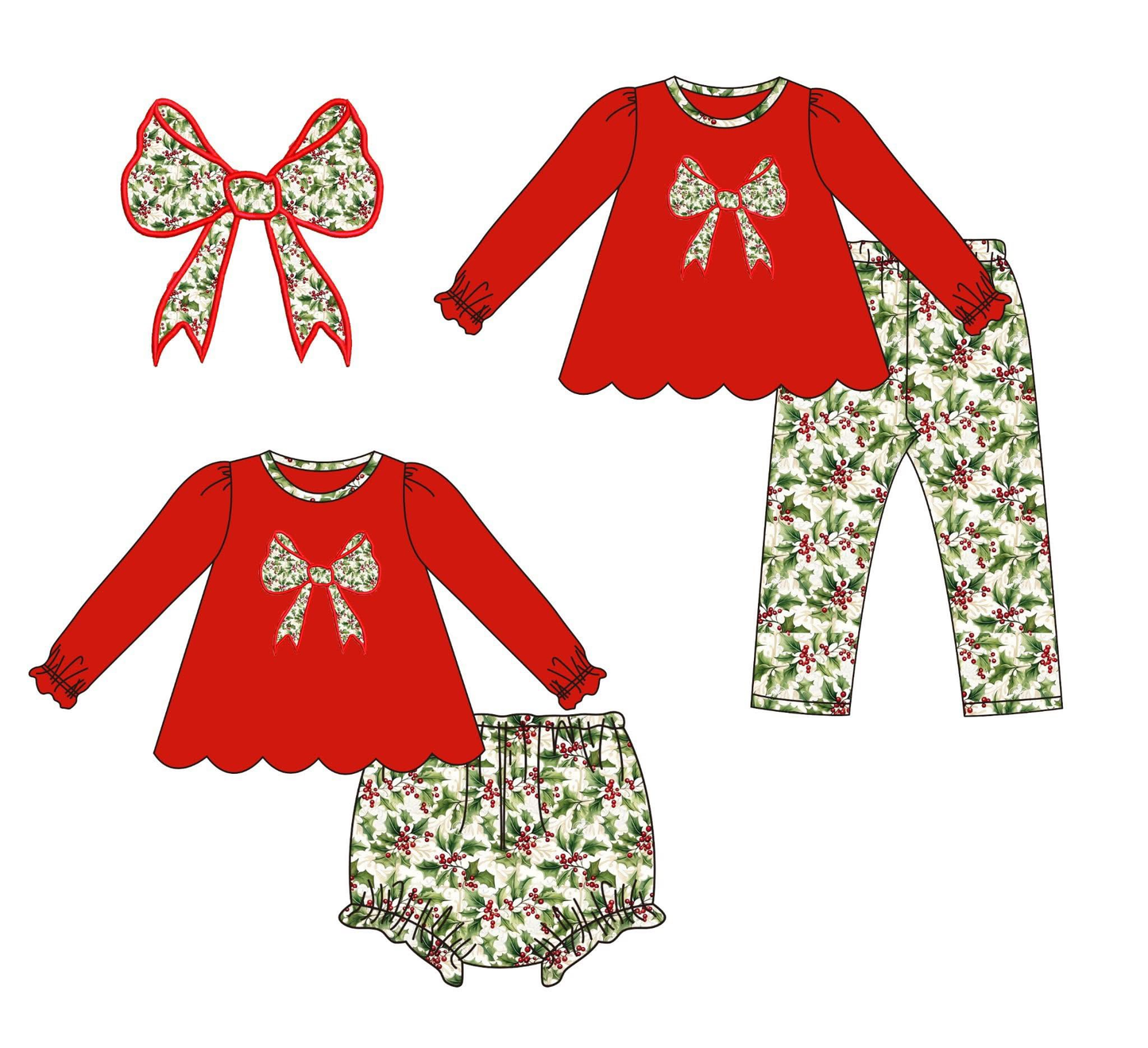 Custom moq 5 each style eta 6-7weeks baby girl clothes bow red long sleeve pants and briefs sets