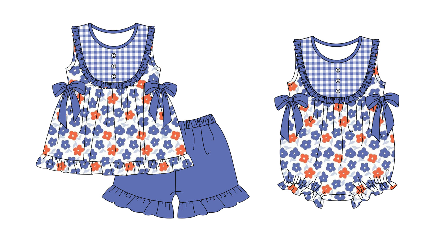 11.26 custom each style moq 5eta 4-6week Sibling Sister floral baby boy short sleeve shorts sets and rompers match design