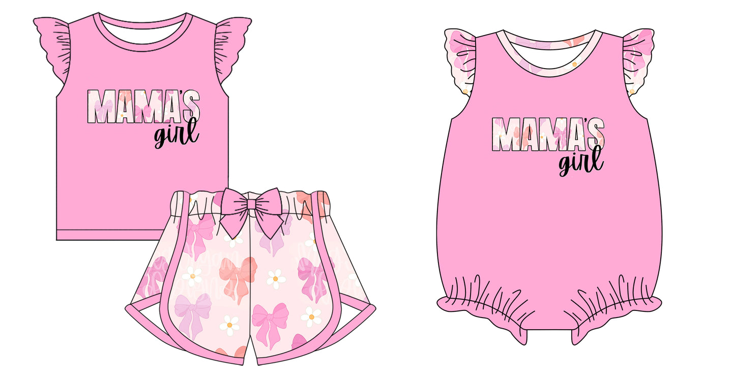 12.4 custom each style moq 5eta 4-6week Sibling Sister MAMA GIRL bow Baby girl short sleeve shorts sets and rompers match design