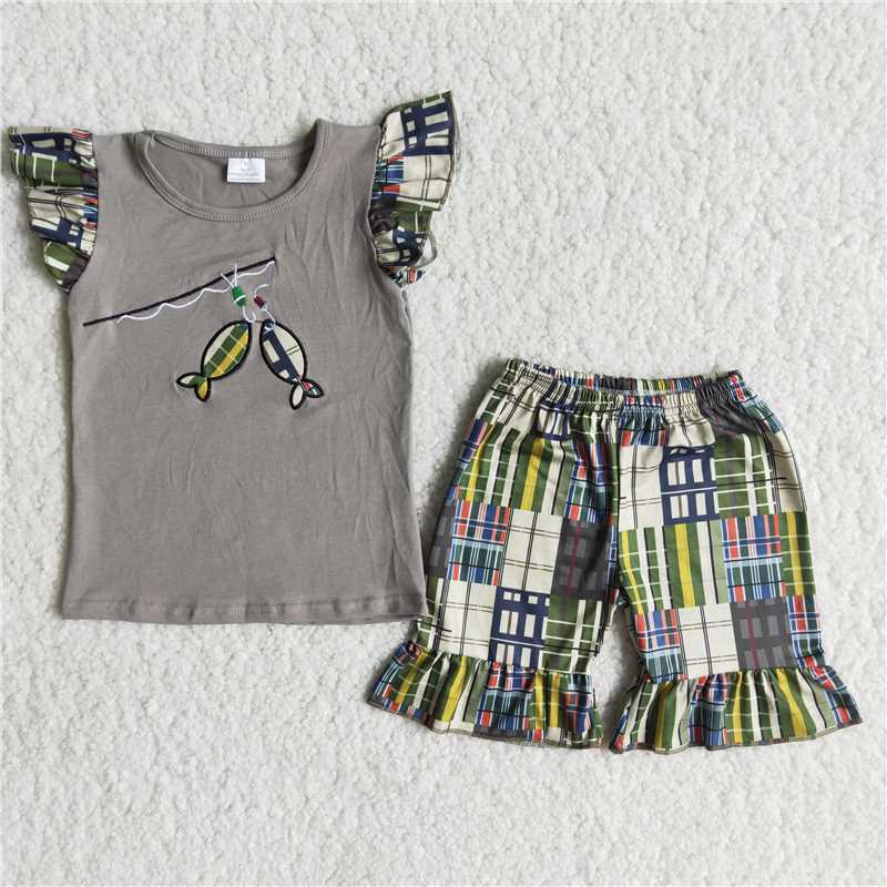 SALES NEW Baby Girls Fishing Top Ruffle Shorts Clothes Sets