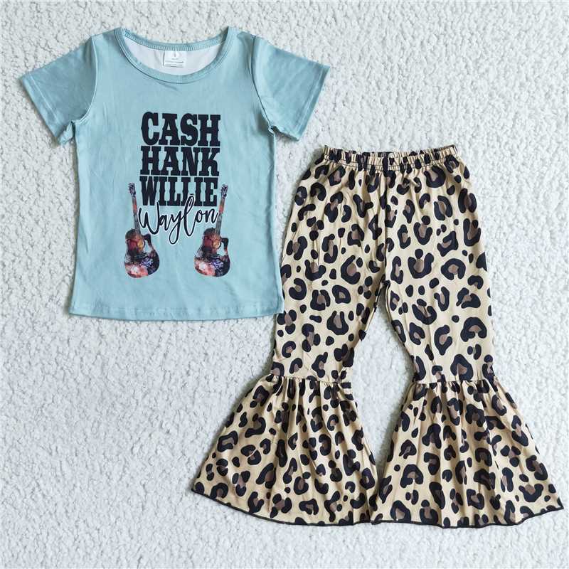SALES NEW Baby Blue Guitar Print Top with Leopard Bell Pant Set Cute Baby Outfit for Girls Comfortable Cotton Clothing Set